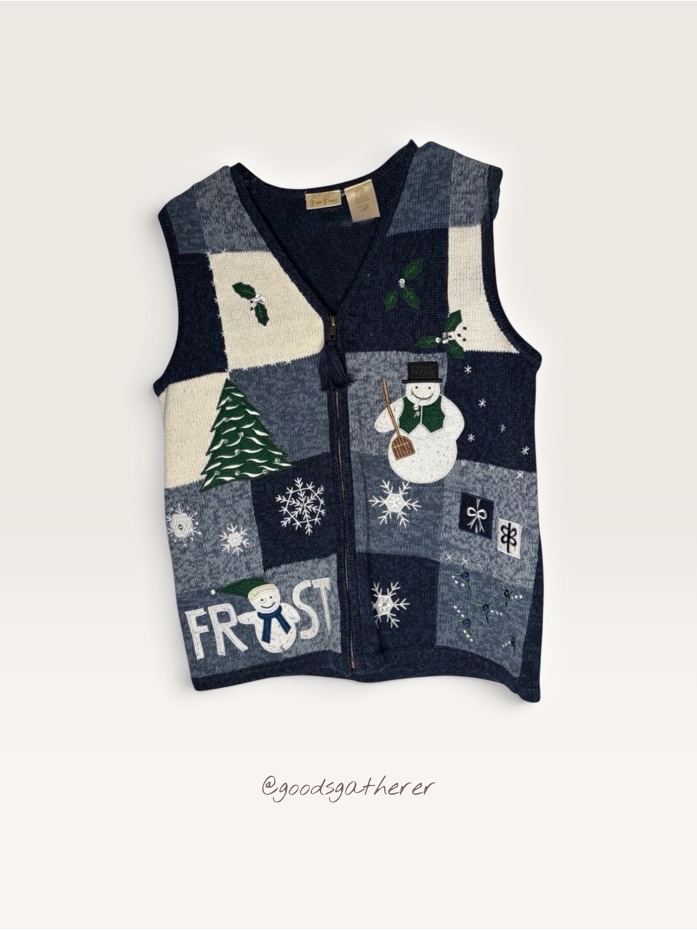 VINTAGE Bobbie Brooks Christmas Sweater Vest M Snowman Patchwork Ramie Cotton